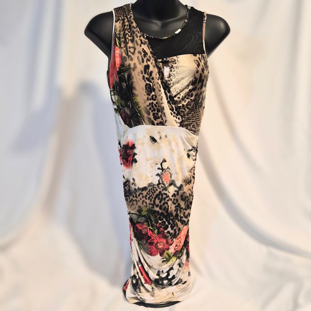 Mystic Y2K Leopard Floral Ruched Asymmetrical Mesh Midi Dress Small